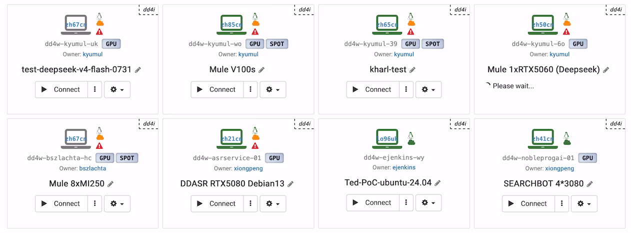 Desktop cloud abilitati per GPU elencati nella console DaDesktop